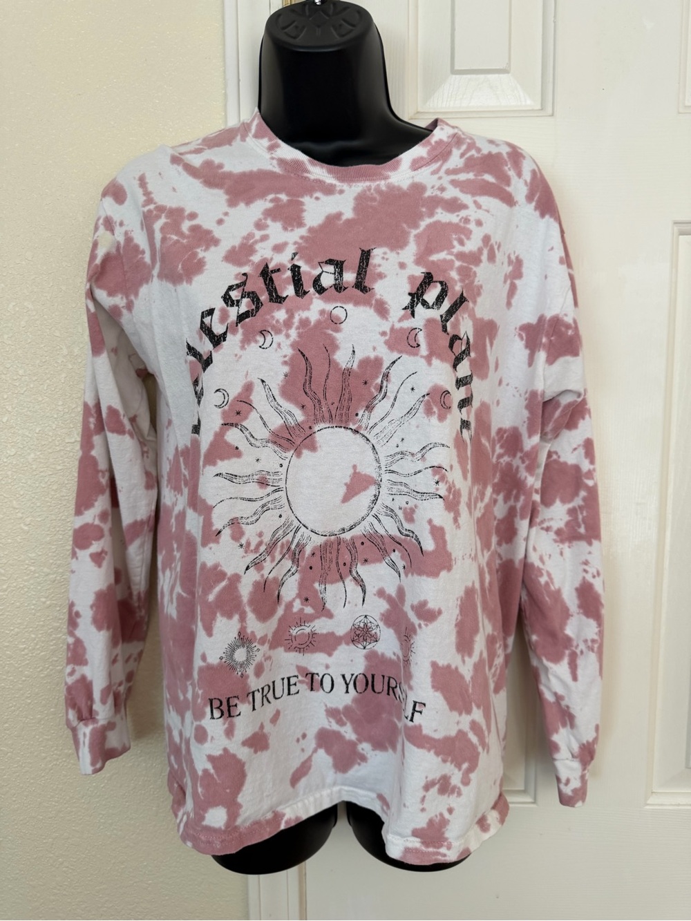 BDG Pink White Tie-Dye Celestial Graphic Long Sleeve Tee